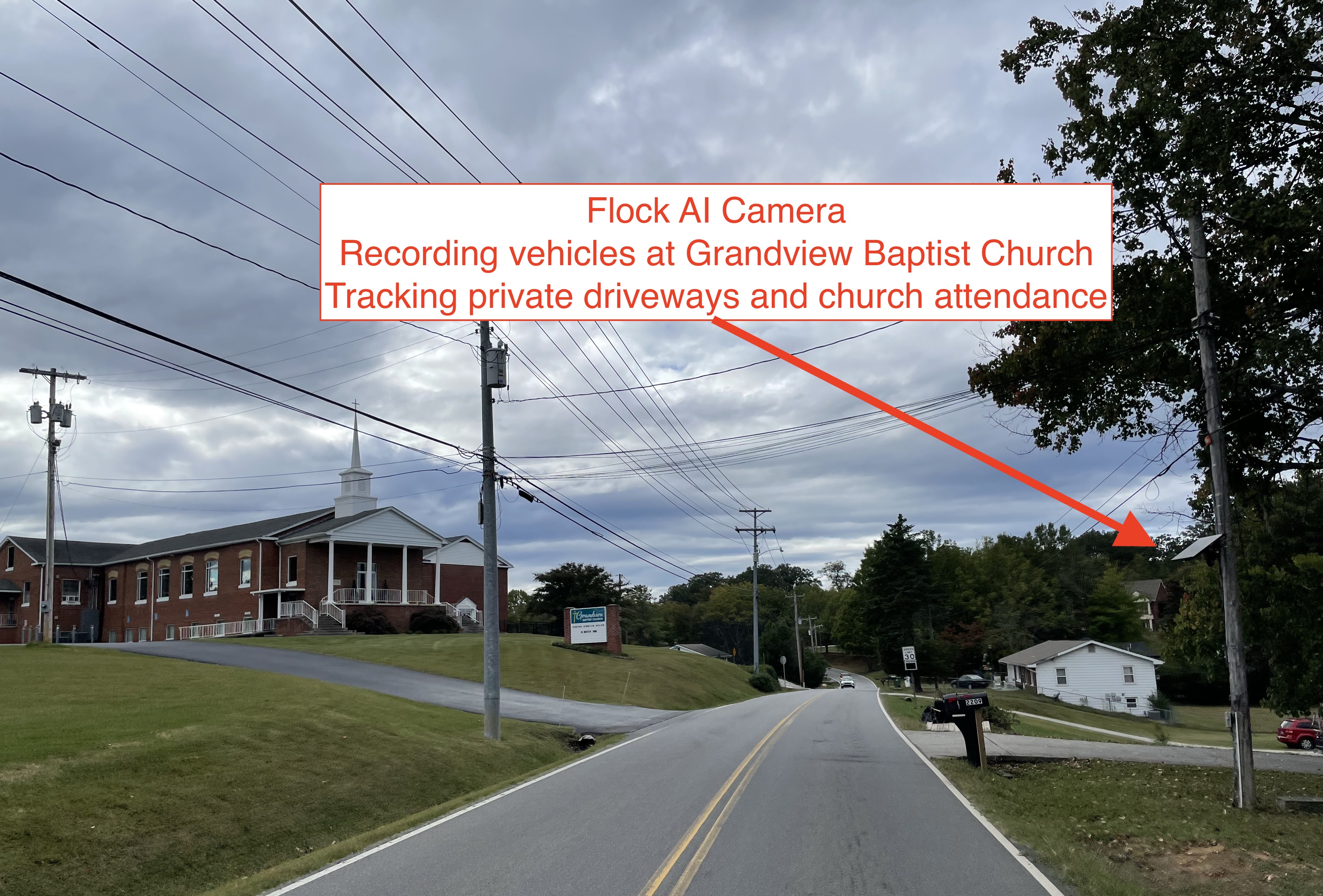 Flock Safety ALPR camera mounted on a utility pole on Grandview Drive near Grandview Baptist Church in Maryville, Tennessee.