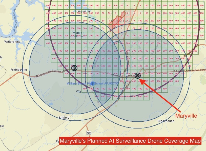 Annotated drone coverage map proposed for Maryville, Alcoa, and surrounding communities in Blount County region.
