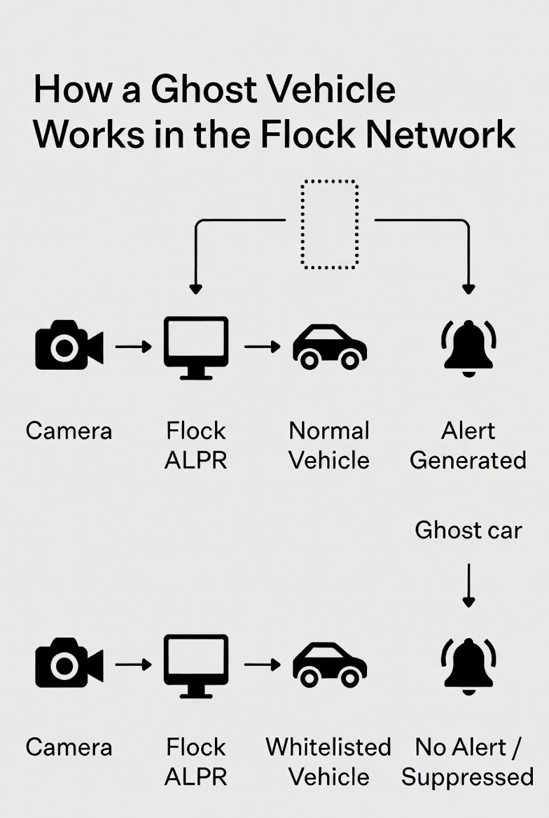 Diagram showing how a whitelisted ghost vehicle bypasses Flock ALPR alerts in Maryville, Tennessee