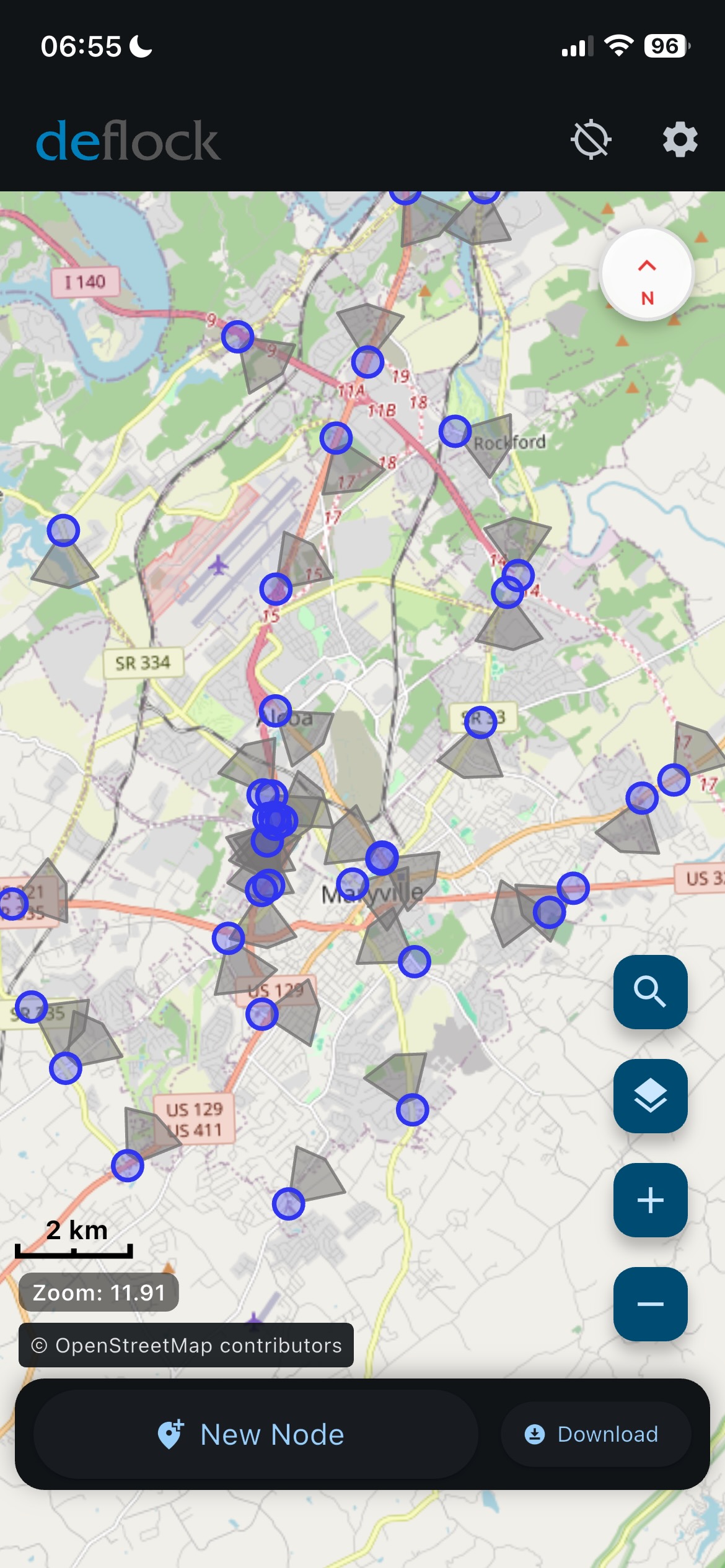 DeFlock map interface showing Flock camera locations around Maryville, Tennessee