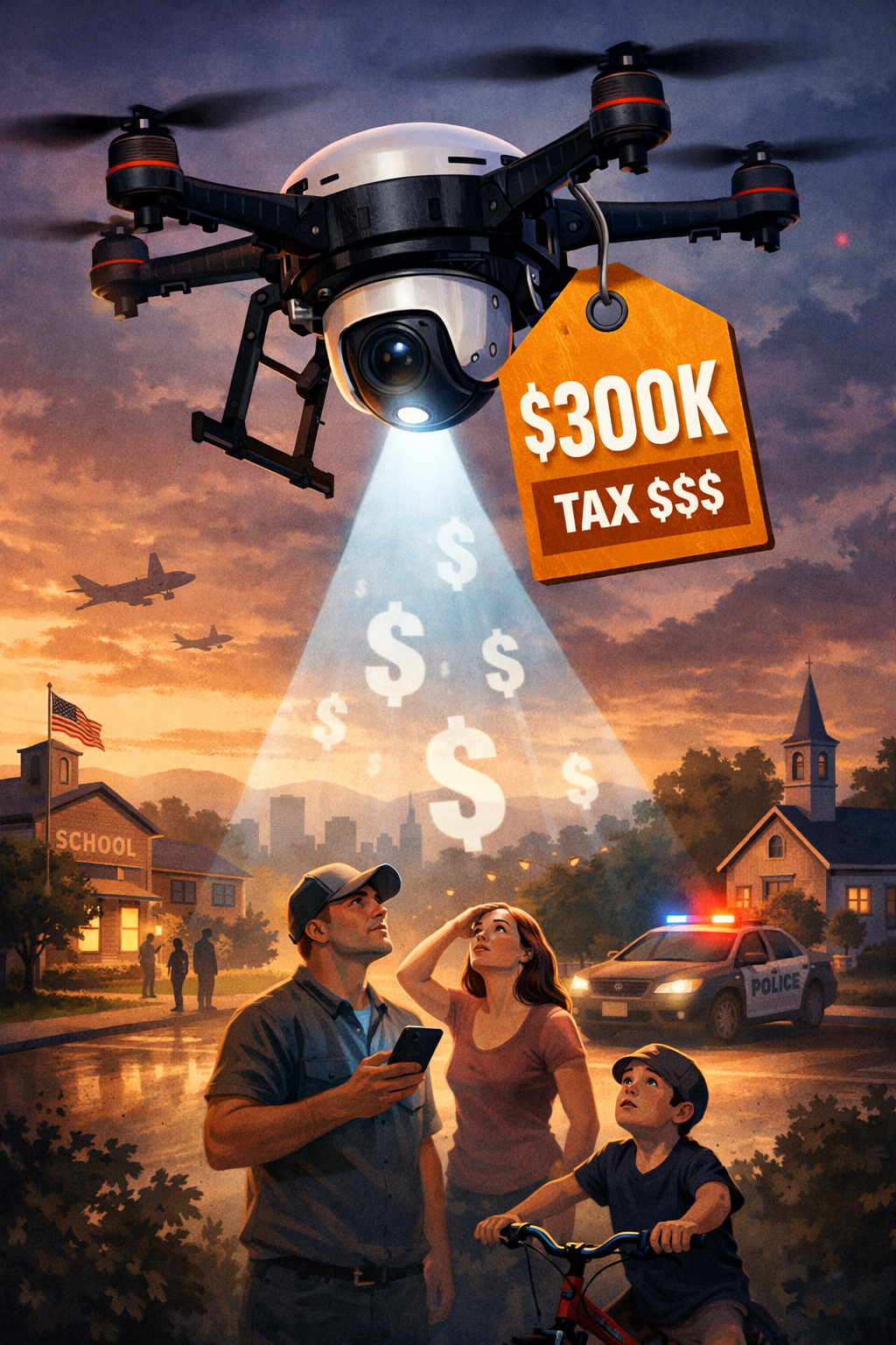 Concept illustration of a surveillance drone over a neighborhood with a taxpayer cost tag