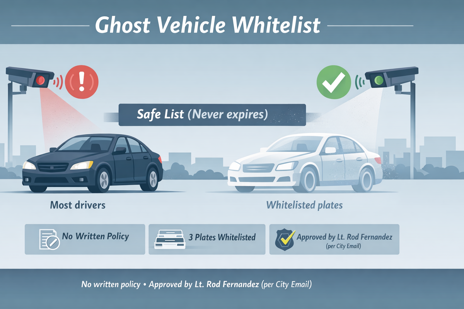 Infographic explaining how Maryville’s Flock Safe List can create ‘ghost vehicles’ by suppressing alerts for selected license plates while the public remains fully scanned.