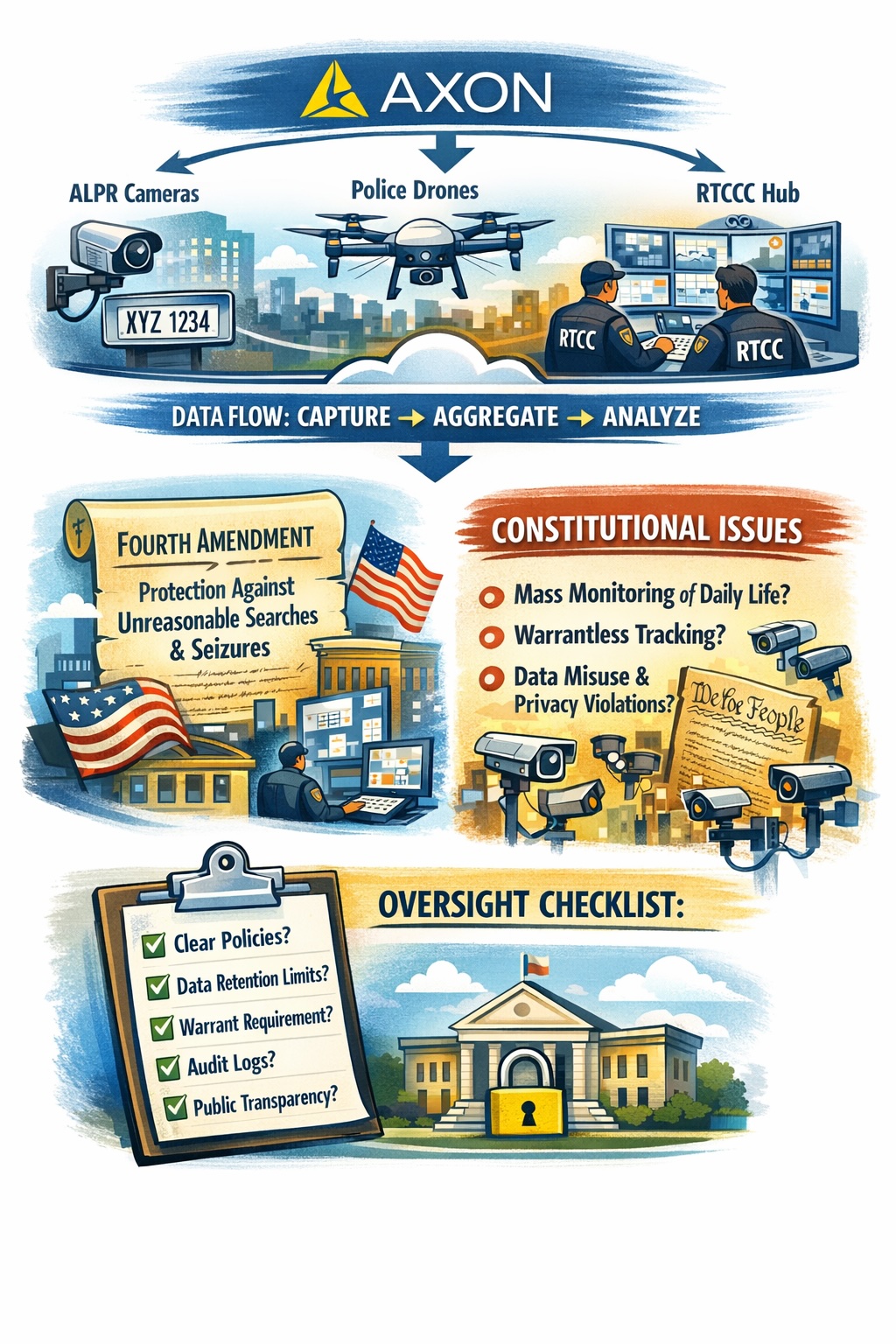 Axon ecosystem oversight graphic: ALPR, drones, cameras, cloud platform, RTCC integration, retention, sharing, audit logs, and constitutional concerns.
