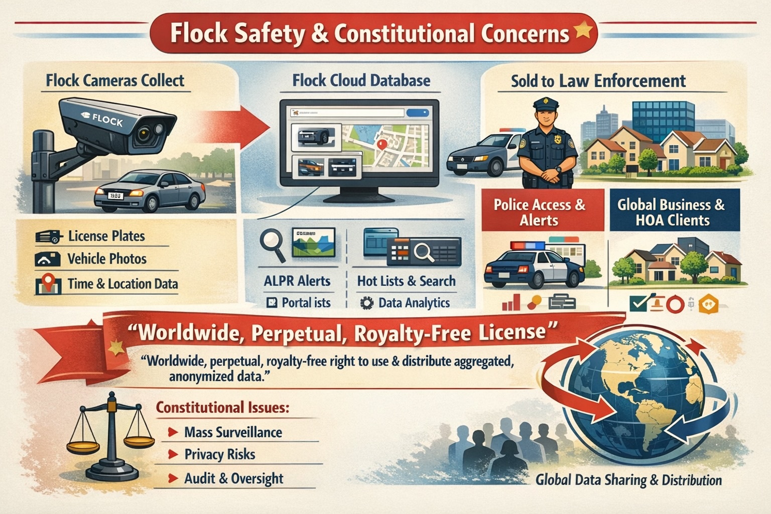 Infographic summarizing constitutional oversight issues and governance risks with Flock Safety ALPR surveillance systems.