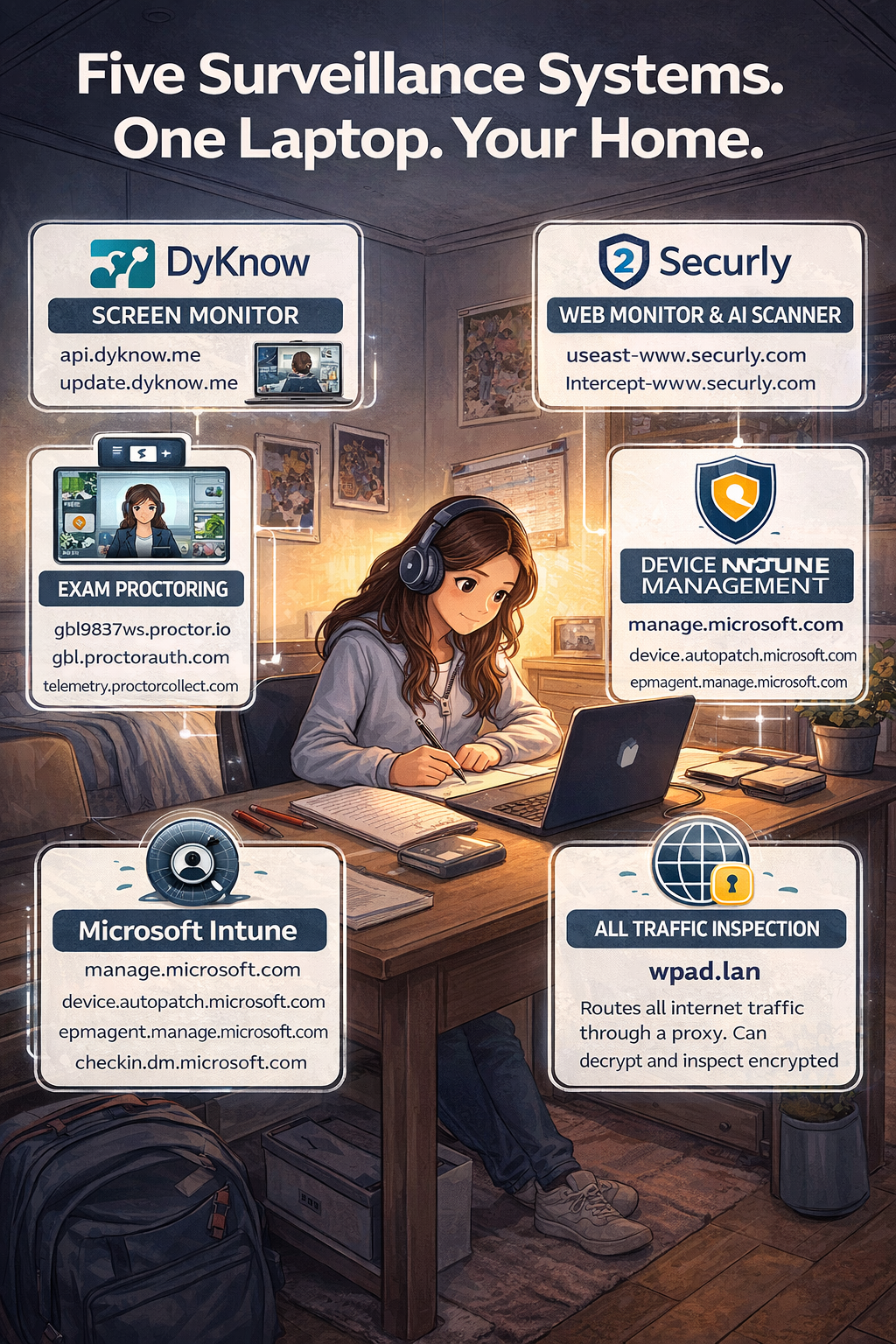 Child doing homework in a bedroom on a school-issued laptop, surrounded by boxes showing five surveillance systems active on Maryville City Schools devices.