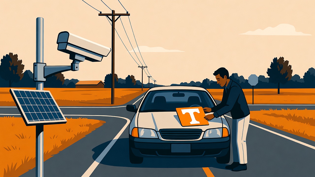 Illustration of a person at a Tennessee roadside intersection exercising their privacy rights near an ALPR surveillance camera