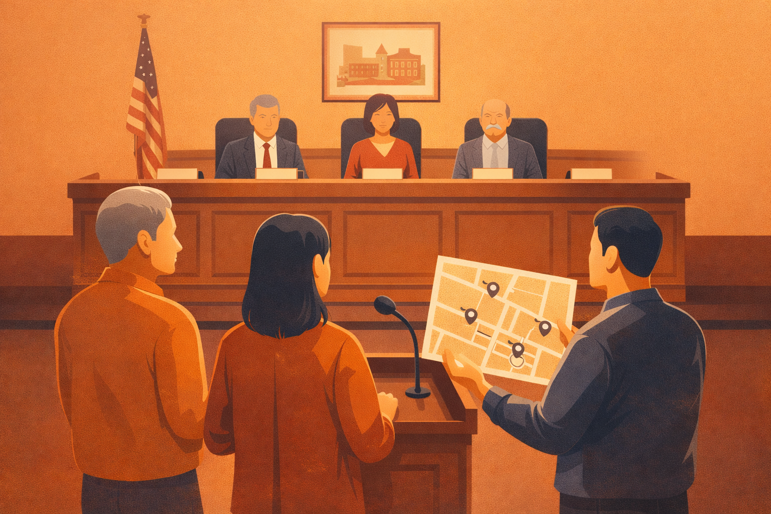 Illustration of Maryville residents speaking at a city council meeting, holding a printed map of Flock camera locations
