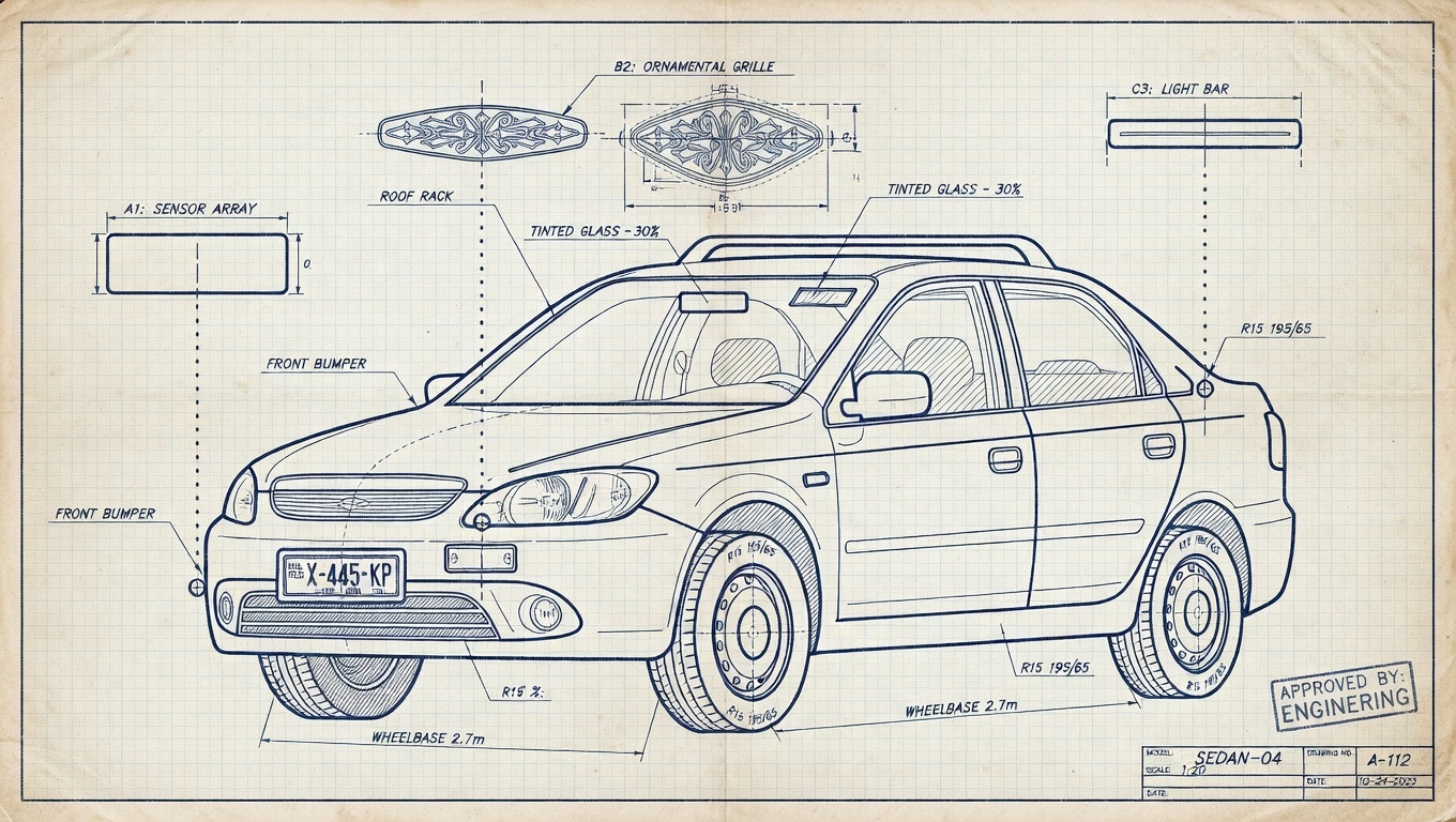 Infographic illustration showing a car with annotation lines pointing to visual features — bumper sticker, front plate area, roof rack, license plate frame — that form Flock's vehicle fingerprint