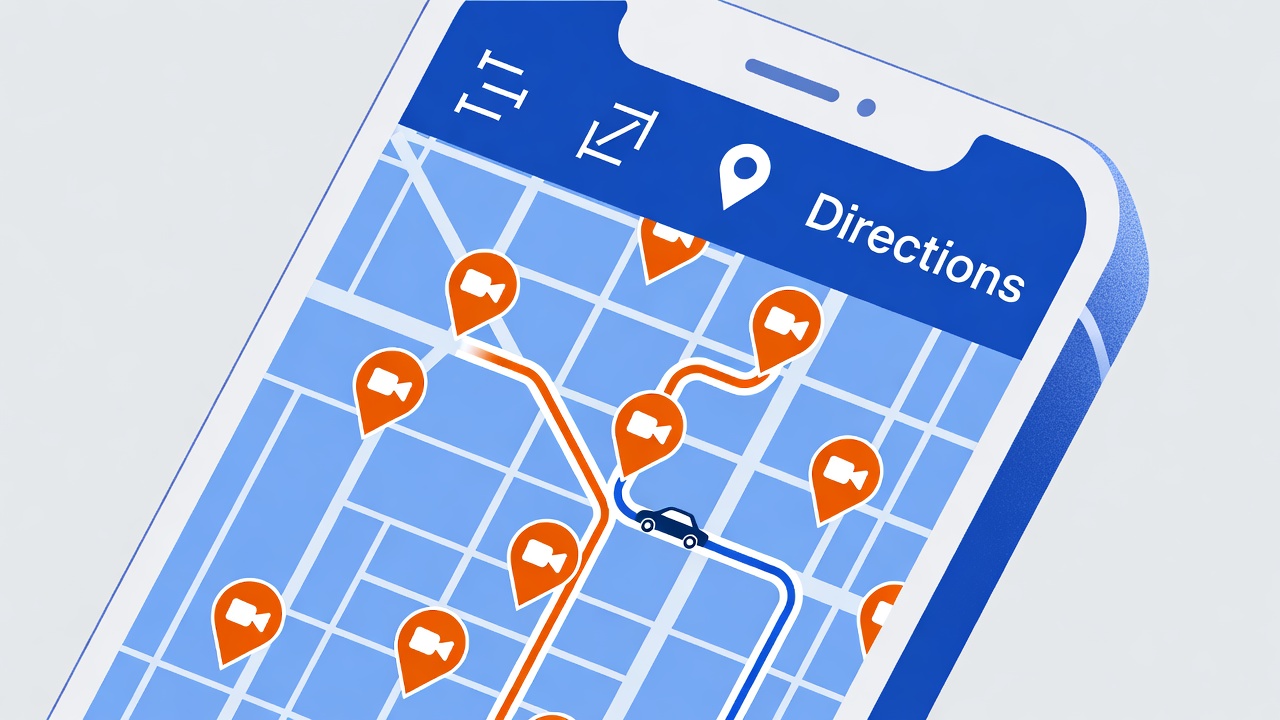 Illustration of a phone showing a map with Flock camera locations marked, with a route plotted around them