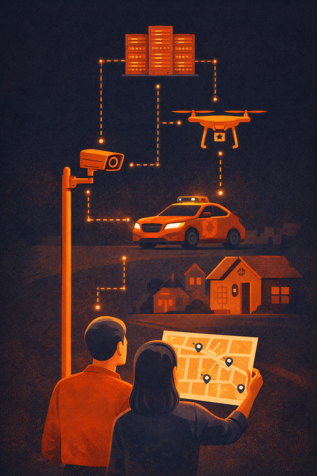 Vertical illustration showing layers of surveillance from street level up — ALPR cameras, doorbell cameras, patrol cars, drones, data centers — all connected
