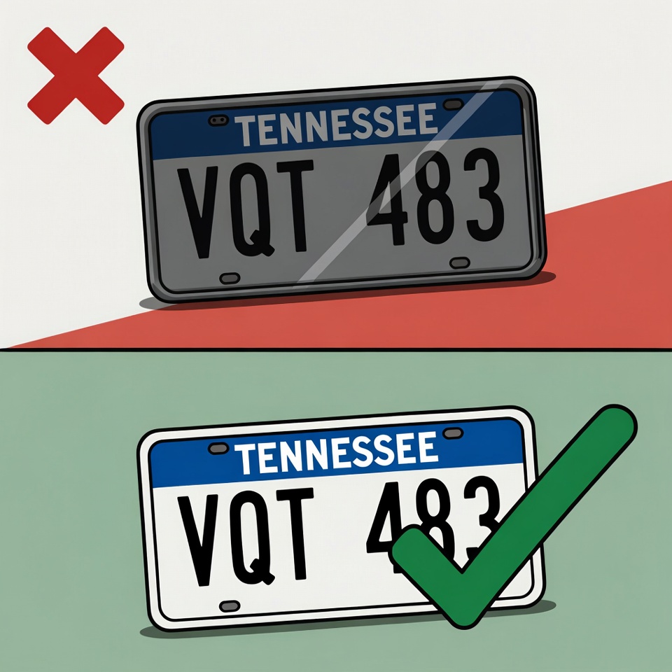 Two-panel illustration: a Tennessee license plate with a red X over a tinted cover (illegal), and the same plate clean and uncovered with a green checkmark (legal)