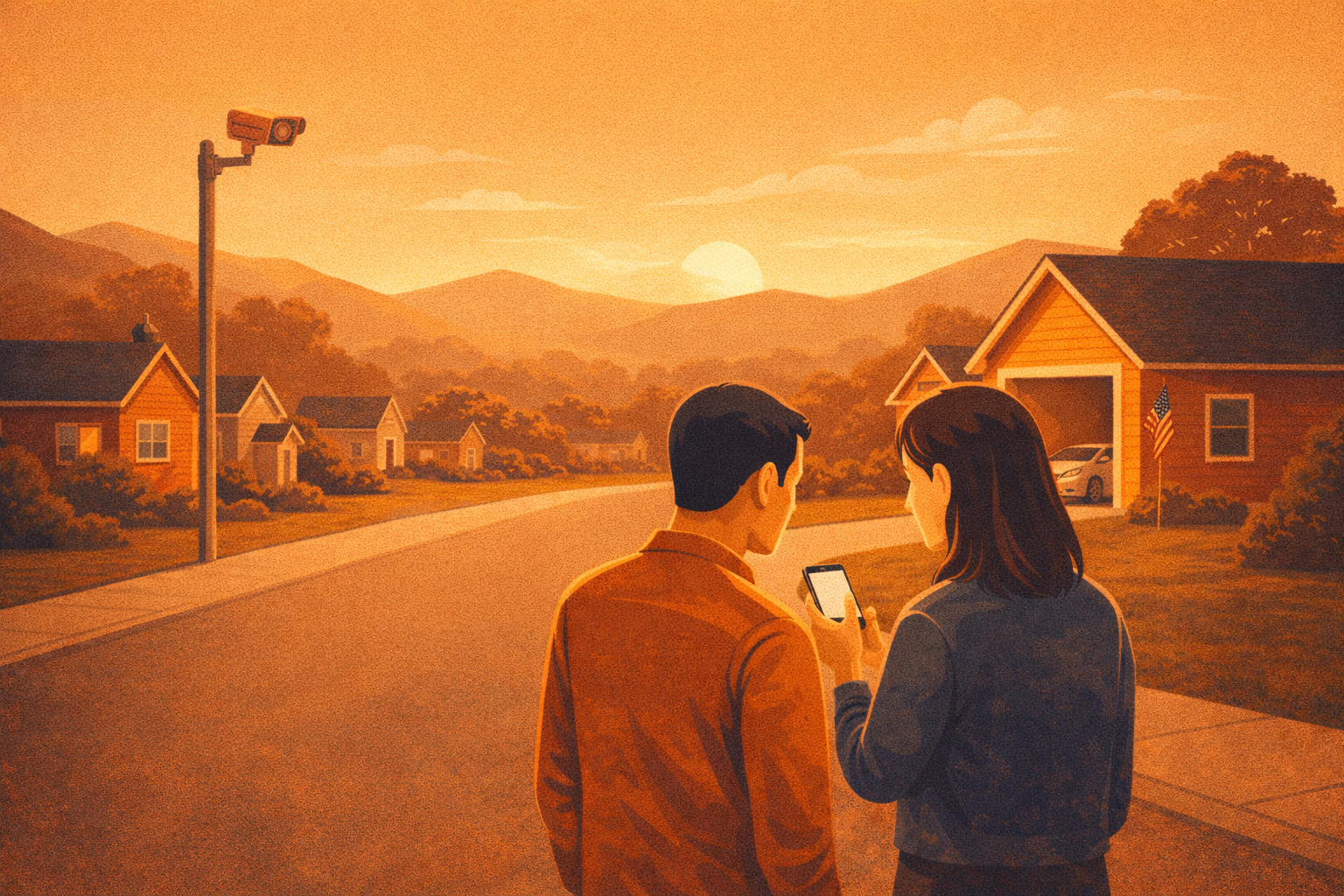 Illustration of two East Tennessee neighbors talking at the end of a driveway, one showing the other MaryvillePrivacy.org on their phone