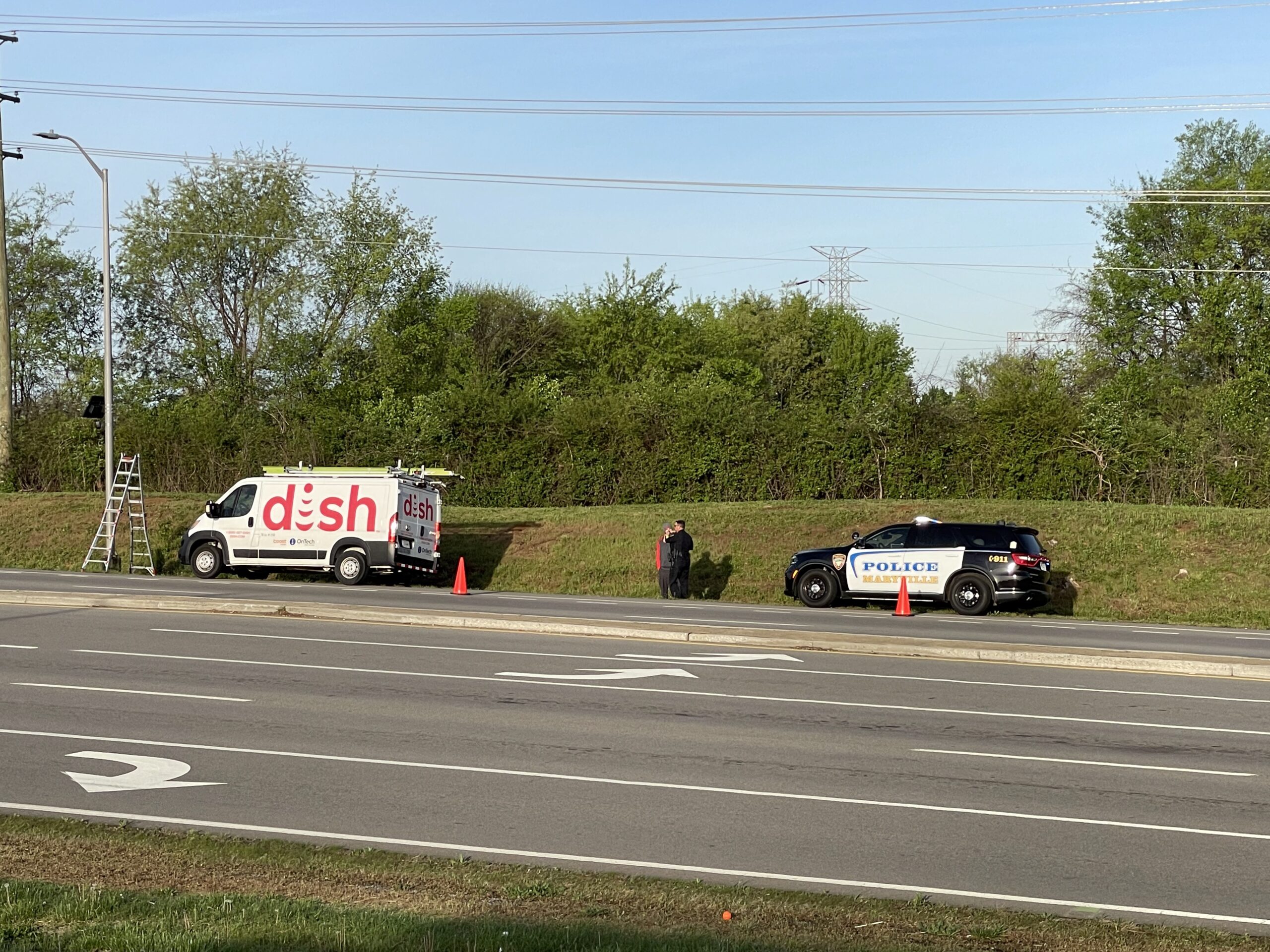 Maryville Police Department vehicle present on site during Flock Safety surveillance camera installation work, April 6, 2026