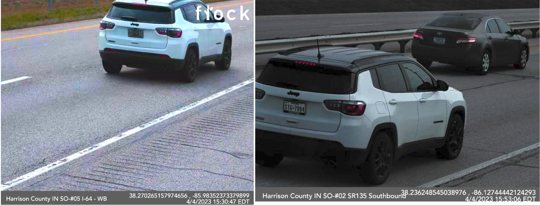 Example Flock Safety ALPR camera images showing vehicles and license plates captured on public roads