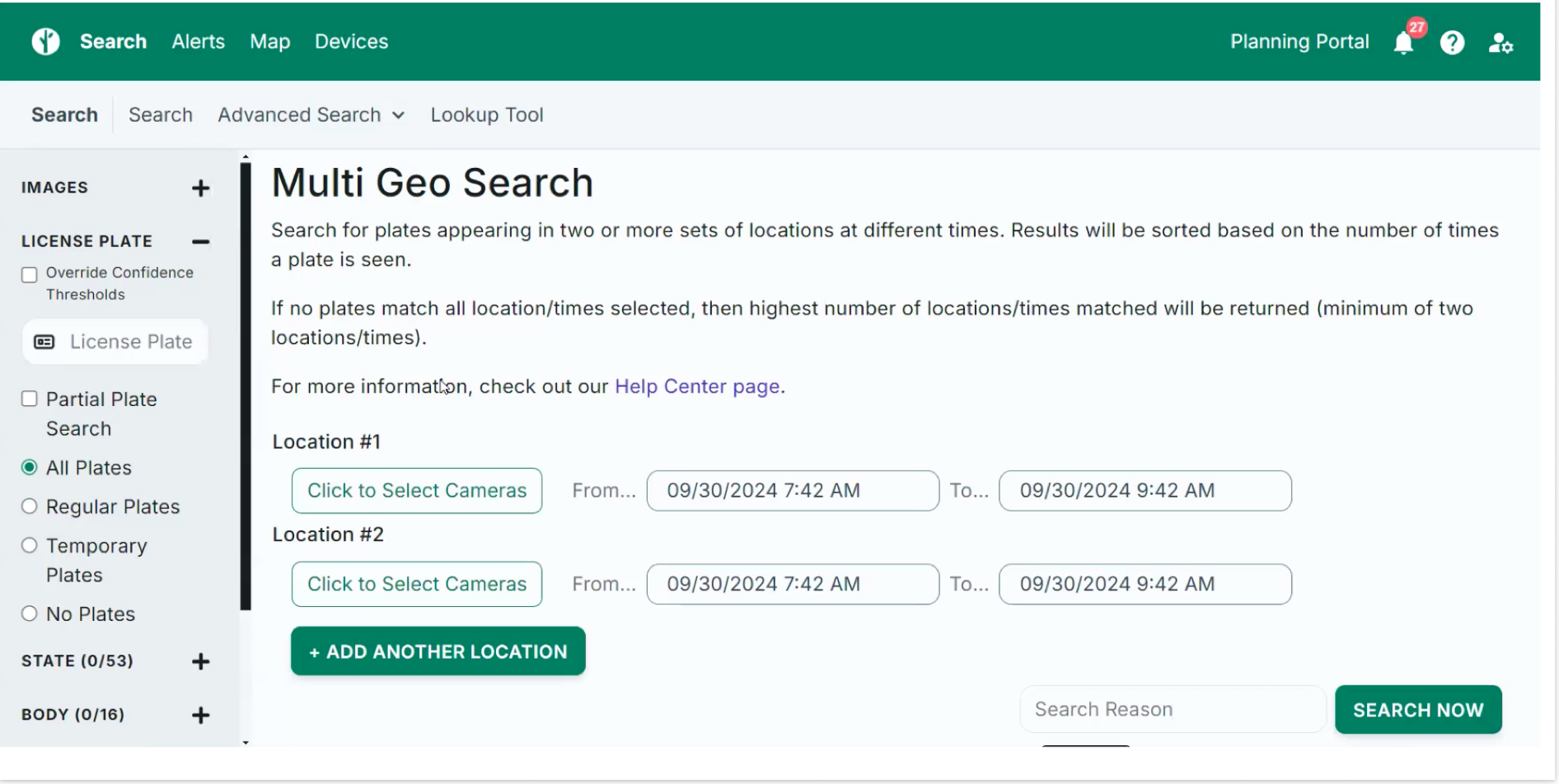 Flock Safety Multi-Geo Search interface from police training materials showing multiple camera locations and time ranges