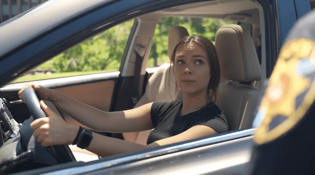 Driver speaking with a law-enforcement officer during a roadside encounter
