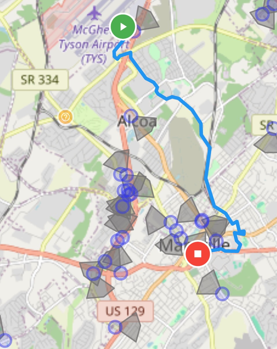 Map snapshot showing documented Flock Safety camera locations around Maryville, Tennessee