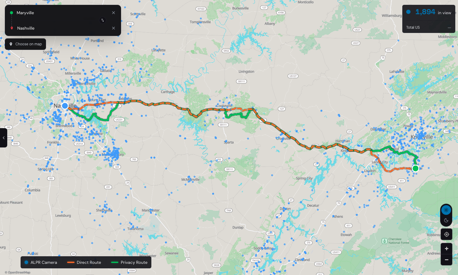 Map showing a route from Maryville to Nashville, Tennessee, with 1,894 documented ALPR camera locations visible in the displayed map area